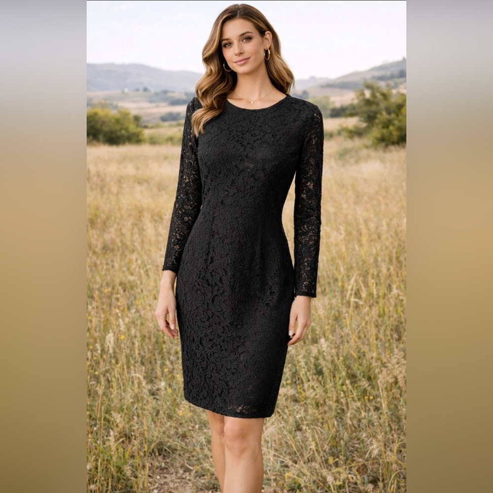 J Crew Dress Black 4 Lace Stretch Cotton Sheath Long Sleeve  Career Church
